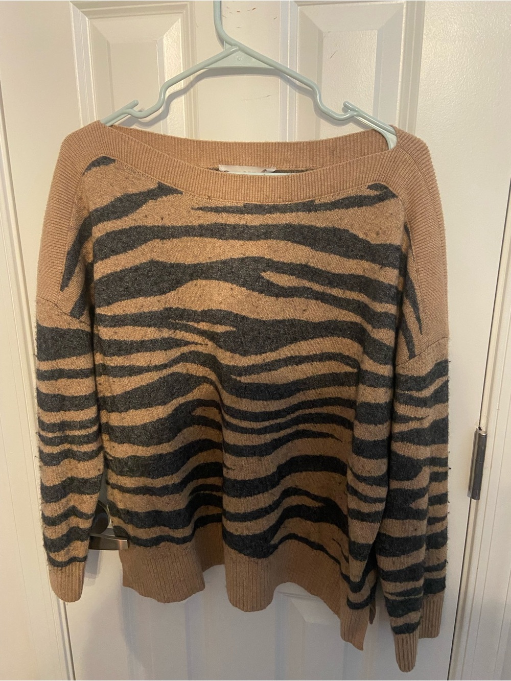LOFT Taupe and Charcoal Zebra Off-the-Shoulder Sweater